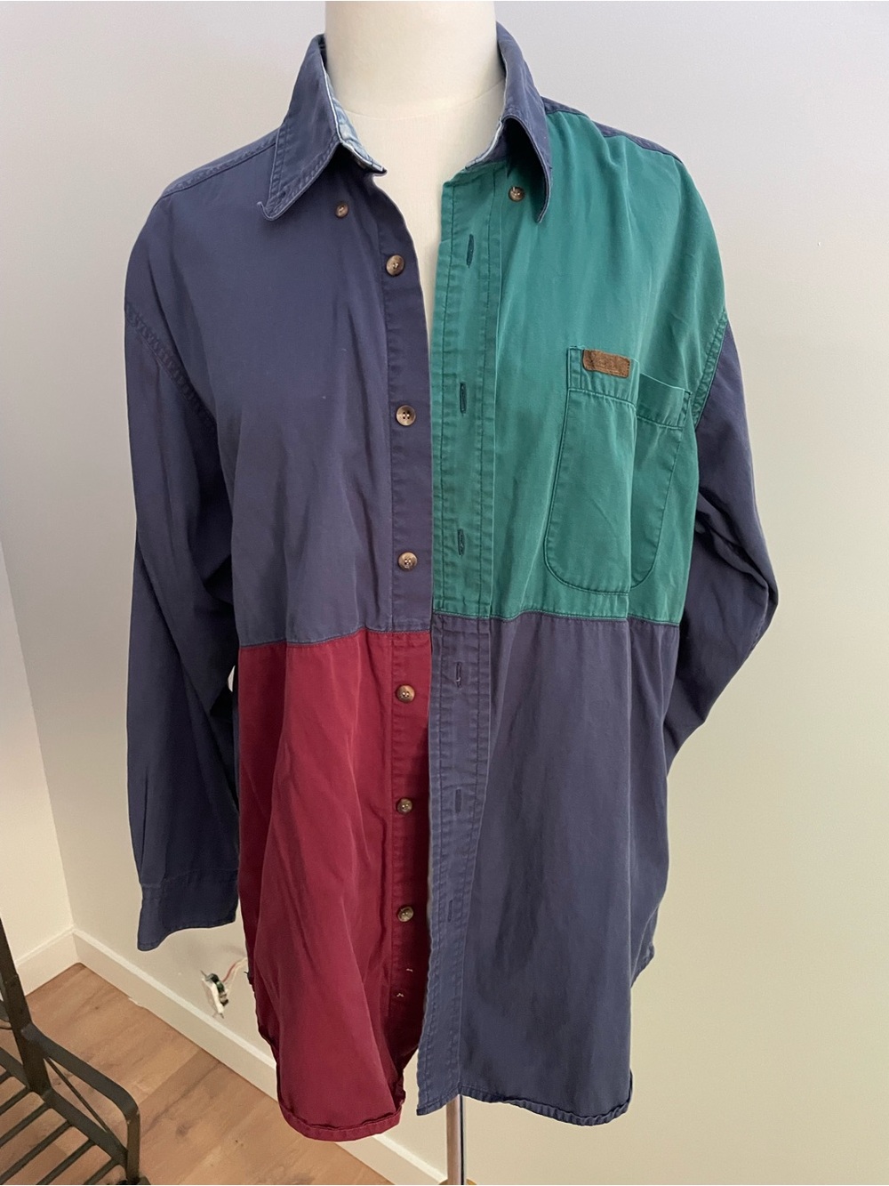 Vintage Woolrich Colorblock Button-Down Shirt in Navy, Teal & Burgundy